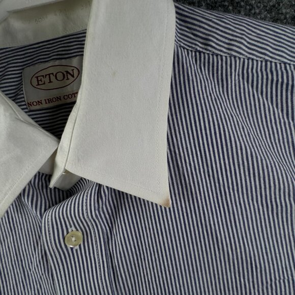 Eton Button Up Shirt Long Sleeve Men Cotton Striped Blue Contrast Non Iron 16.5 - Picture 8 of 16